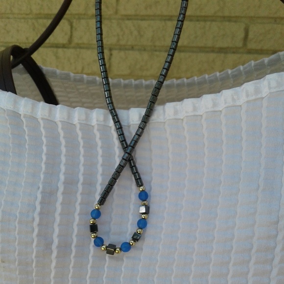 Hematite necklace with Blue, Grey and Gold accents - Picture 3 of 6